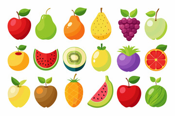 Colorful Flat Illustration of Various Fruits Collection cartoon style fruit icons vibrant colors fruits illustration apple pear peach watermelon kiwi pineapple orange grape mango banana fig