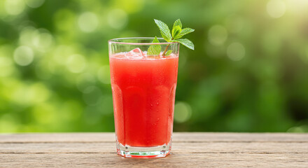 Fototapeta premium Refreshing fruit cocktail served in a glass with mint garnish outdoors 