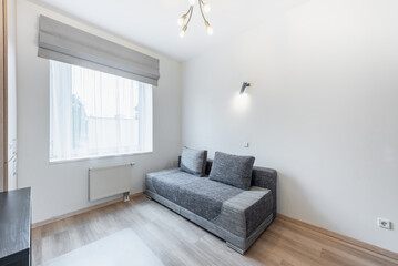 Modern Home Minimalist Living Room with Grey Sofa and Large Window