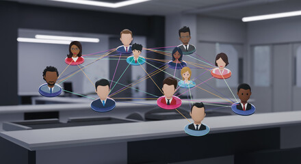 Diverse team network illustration with connected characters in office