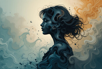 PNG  of a woman’s silhouette filled with swirling oil paint textures in cool tones.

