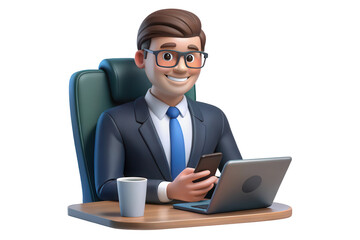 Smiling cartoon businessman working at desk