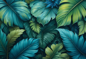 Oil paint-textured tropical leaves in rich greens and blues, artistic and layered.

