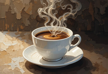 Vectorized oil painting of a cup of coffee with swirling steam and soft creamy highlights.
