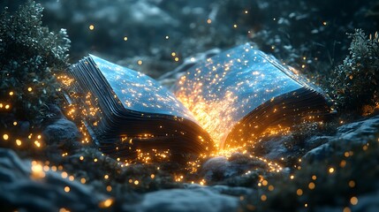 An enchanted storybook open in a mystical forest illuminated with glowing particles