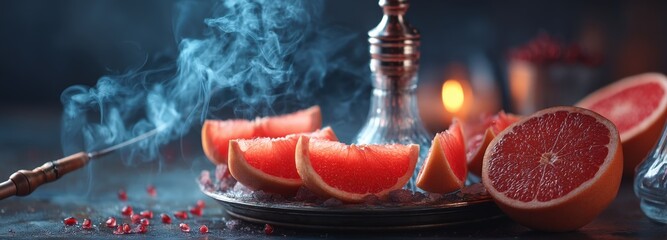 Modern hookah setup with grapefruit slices and glowing charcoal in a relaxed atmosphere