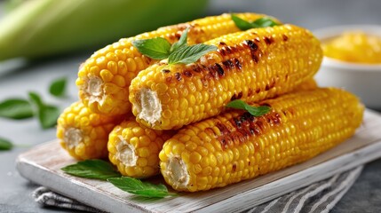 Fresh sweet corn cobs arranged in a pyramid with grilled corn on white background