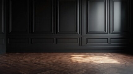 Contemporary empty dark black wall gallery interior with mock up place and reflections on wooden parquet flooring. Art, no people, museum and exhibition concept. 3D Rendering illustration , no logos,