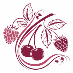 Modern presentation or trademark template for a juice company featuring a stylized cherry with raspberry and grape accents in vivid colors  