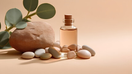 Three bottles of essential oil stand on the table, containing cosmetics fluid