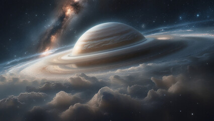saturn like planet in clouds with universe behind. 