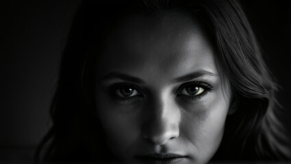 Fototapeta premium Black and White Portrait of Woman with Serious Expression – Studio Lighting