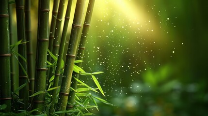 Obraz premium Lush bamboo grove, sunlit, misty