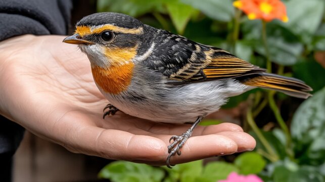 Close-up of a colorful bird perched on a person's hand with green foliage in the background