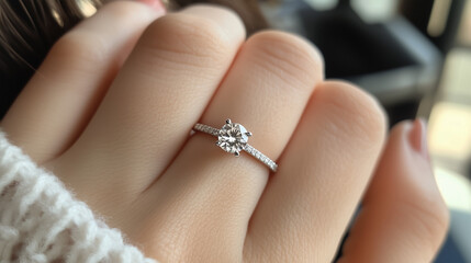 Beautiful diamond engagement ring on a woman's finger with a perfect manicure, symbolizing love and marriage