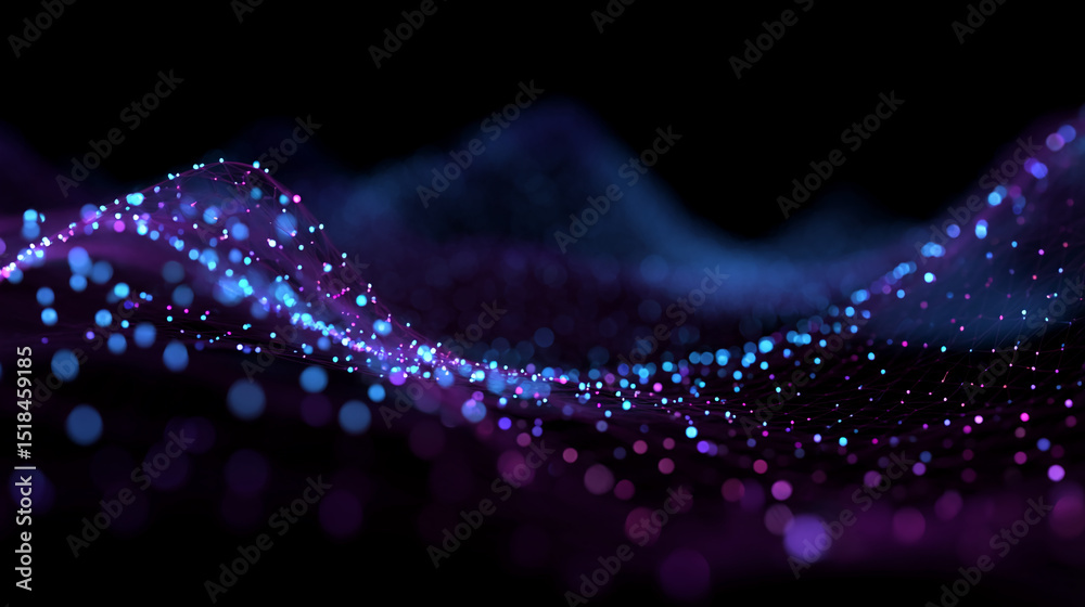 Poster abstract image of glowing blue and purple particles forming a wavy pattern on a black background, su