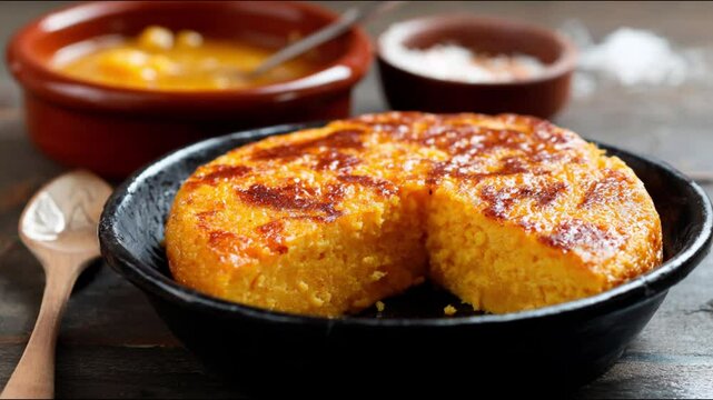 A culinary delight, showcasing a golden cornbread cake accompanied by other culinary components.