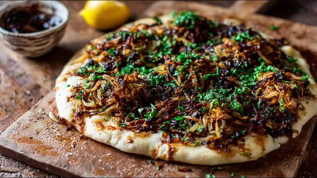 Delicious freshly baked pizza with caramelized onions and fresh parsley.