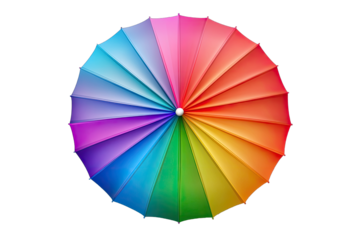 Colorful umbrella, rainbow hues, radiating spokes, top view