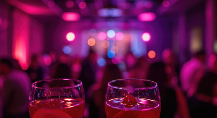Two glasses of cocktails in a vibrant party atmosphere at night  