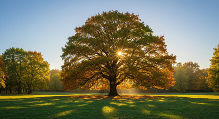Fototapeta premium Majestic tree standing in sunlight in an autumn park landscape 