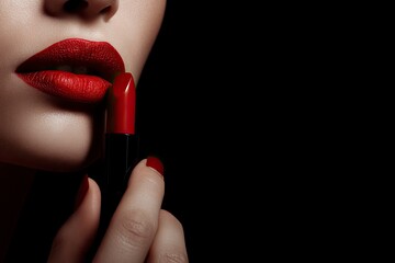 Woman applying red lipstick against a black background