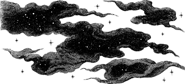 Engraved interstellar clouds with stars - cosmic art for design and decor