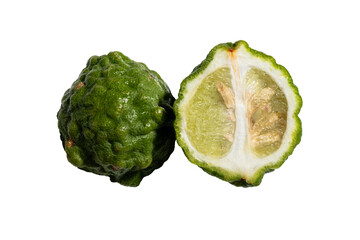 Kaffir lime whole and halved isolated on white background