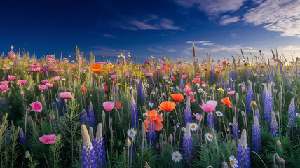 A stunning landscape of wildflowers in bloom, showcasing natural beauty under a colorful sky. © Zaidy
