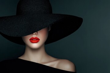 Woman in black hat and dress wearing red lipstick against a dark gray background