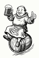Happy monk giving thumbs up with beer, retro style woodcut artwork.