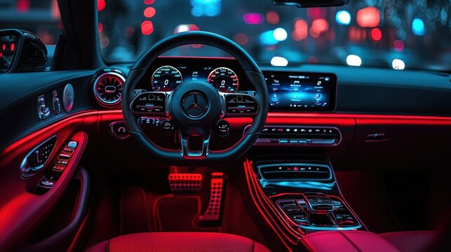 Modern car interior, vibrant red/blue glow