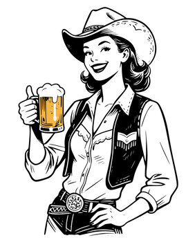 Rodeo girl with cowboy hat, cold beer, detailed hand-drawn vector.