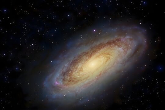 A tilted spiral galaxy with a bright yellow core and intricate dust lanes - Powered by Adobe