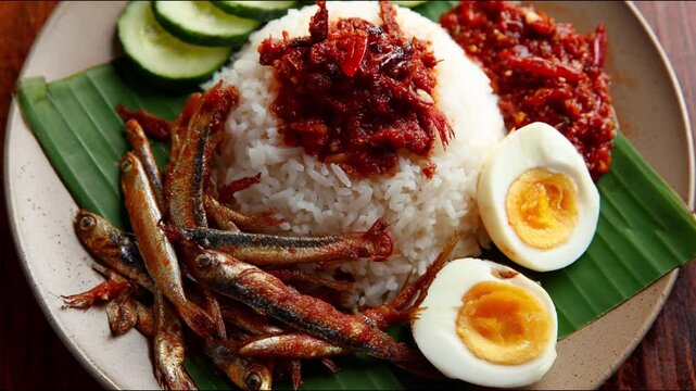 Delicious nasi lemak beautifully presented on a wooden plate.