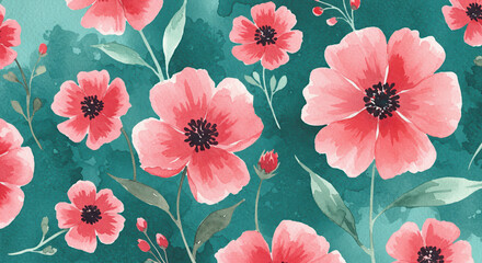 Floral pattern with watercolor pink flowers on green background  
