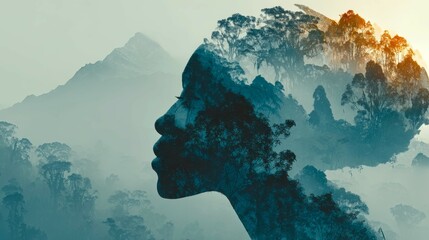 Silhouette of Ugandan woman with gorillas and Rwenzori Mountains in double exposure art