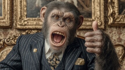 Chimpanzee in a business suit enthusiastically pacing by the White House fireplace