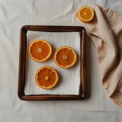 Dried Orange Slices in a Frame on Rustic Fabric Background
