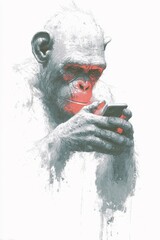 Homo erectus focused on smartphone screen with glowing red light in minimalist style
