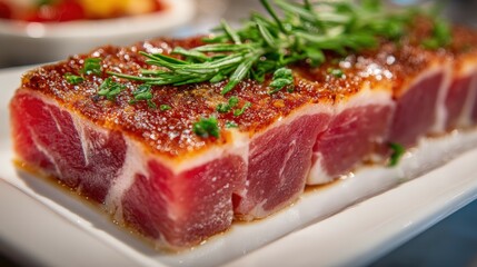 Obraz premium Savoring the rich textures of Lomo de Cerdo from Andalusia on a simple white dish