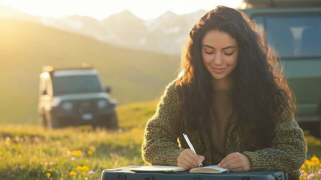 Smiling woman writing in journal near her SUV at sunset