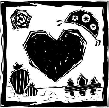 Woodcut heart in semi-arid landscape. Brazilian northeastern cordel, hand drawn heart. heart silhouette, leather hat, cacti, and fence. Vector illustration