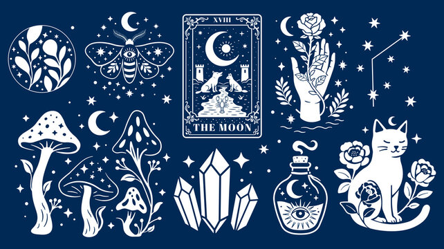 Mystical Boho Bundle – Celestial Witchy Elements with Moon, Tarot Card, Cat, Crystals, Mushrooms, Constellations, Hand, Floral Magic, Eyes, and Potions – Spiritual Esoteric Clip Art Set vector art