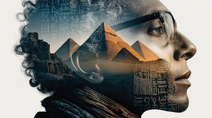 Double exposure silhouette of an Egyptian man blends history with cultural symbols