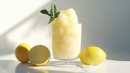 Refreshing Iced Lemon Slushy Drink with Lemons and Mint Garnish