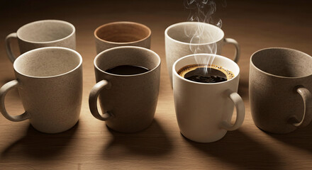 Assorted coffee mugs with hot beverages on wooden table  