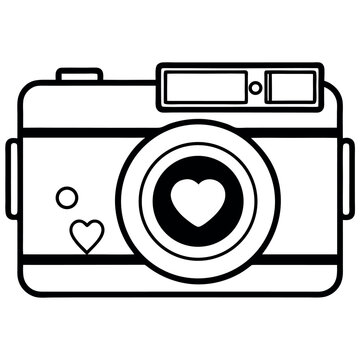 Simple black and white camera vector with a heart symbol inside the lens for romance