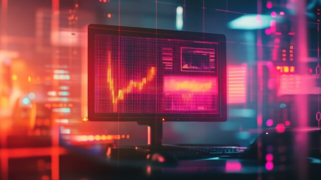 Close up of workplace with computer monitor and abstract glowing business chart on blurry grid background. Digital economy and big data concept. Double exposure illustration , no logos, no brands