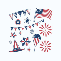 4th of July Party Elements and Decorations | Bunting, Flags, Fireworks, Stars and Balloons Vector